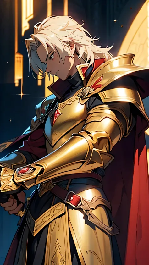 1 knight, Shining golden armor, Crimson Cloak, Sword of Light, cowboy shot, sparkle, anime, high details, super detail, best quality, anatomically correct, textured skin