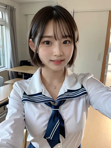 selfie, simple school uniform, a young woman in a school uniform., she is wearing a long sleeve shirt, simple white shirt, a ple...