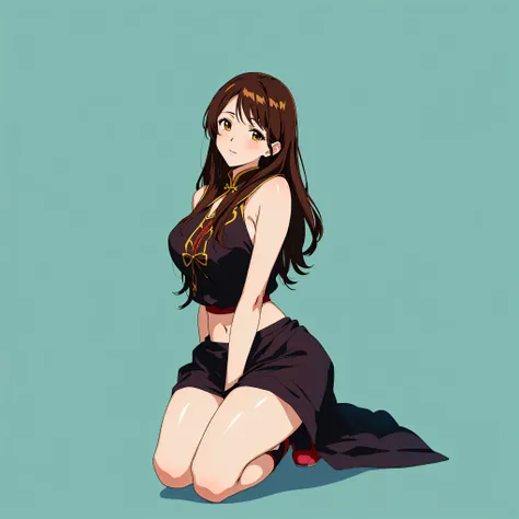 brown hair, brown hair, anime girl sitting, large neckline, yellow silk clothes, red clothes, transparent fabric, Sensual, seductive anime girl, beautiful anime girl squatting, (anime girl), the anime girl is crouching, ((brown hair)) anime girl, anime moe...