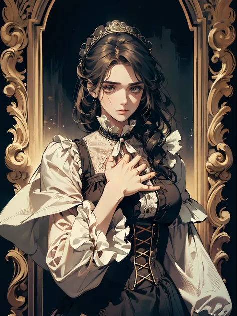 ultra-detailed、Maximum quality、high resolution、masterpiece、sharp focus、3/5 shots、official art、magical atmosphere、Romanticism、Literary fashion、Victorian accessories、Intricate hardware decoration、Lace costumes、emotional depth、Elegant and supernatural atmosph...