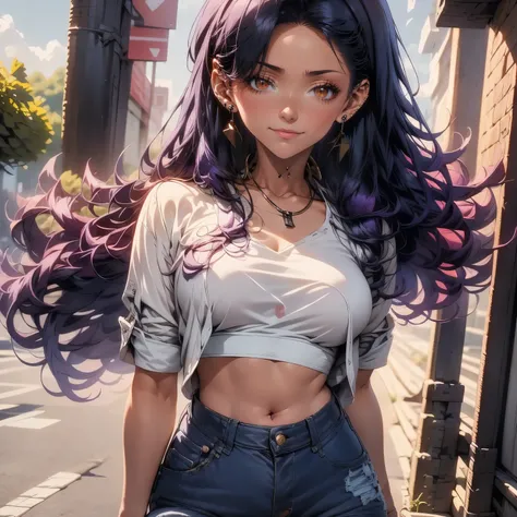 4k, HDR, full HD, Masterpiece, 1girl, solo, long purple hair, perfect anatomy, full body, denim shirt with knot at the waist, denim shirt blue and pink line design, under the denim shirt she wears a white crop top , worn jeans, walks towards a hair that is...