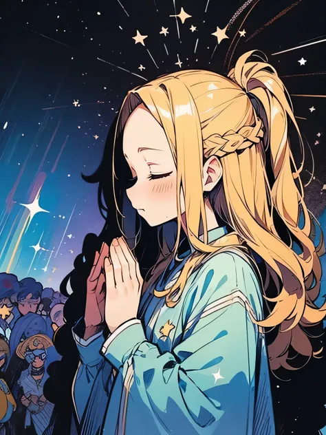 (((sideview))),solo,upperbody,blonde hair,big forehead,(closed eyes serious sad),praying own hands together,mercurius,star gods,...