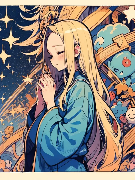 (((sideview))),solo,upperbody,blonde hair,big forehead,(closed eyes serious sad),praying own hands together,mercurius,star gods,...