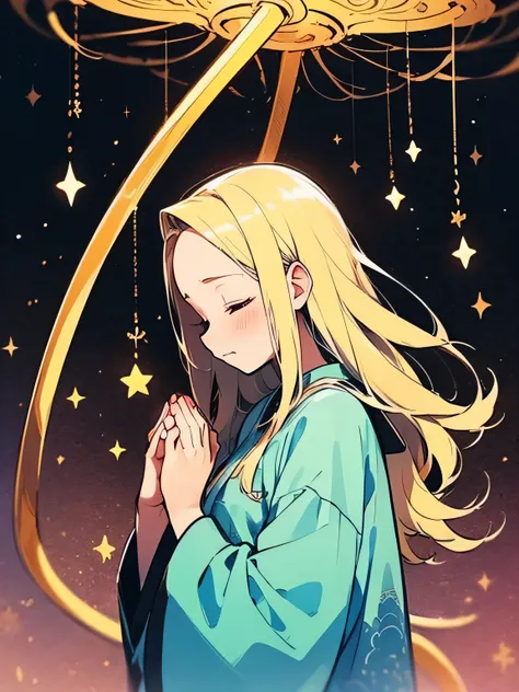 (((sideview))),solo,upperbody,blonde hair,big forehead,(closed eyes serious sad),praying own hands together,mercurius,star gods,...