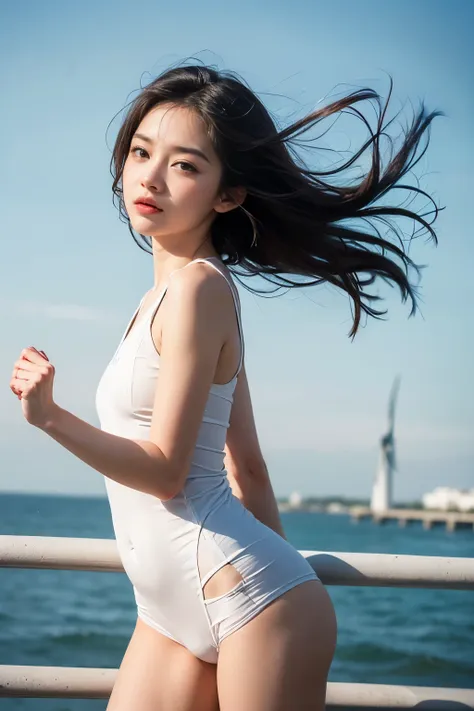 (feel the wind pose:1.3, hair blowing in the wind:1.5), (beautiful girl, baby face:1.6, cute face, idol face:1.2), (small and sl...