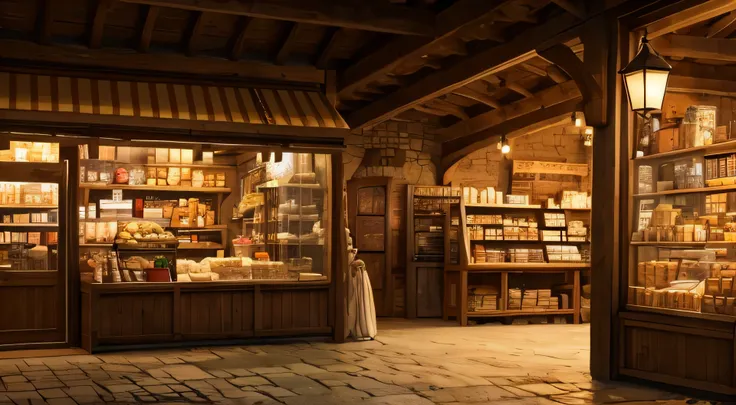 Illustration of a medieval European wholesaler. I am in the store. Behind the counter is a large bag of wheat. The store is lit by candlelight. The place is deserted.