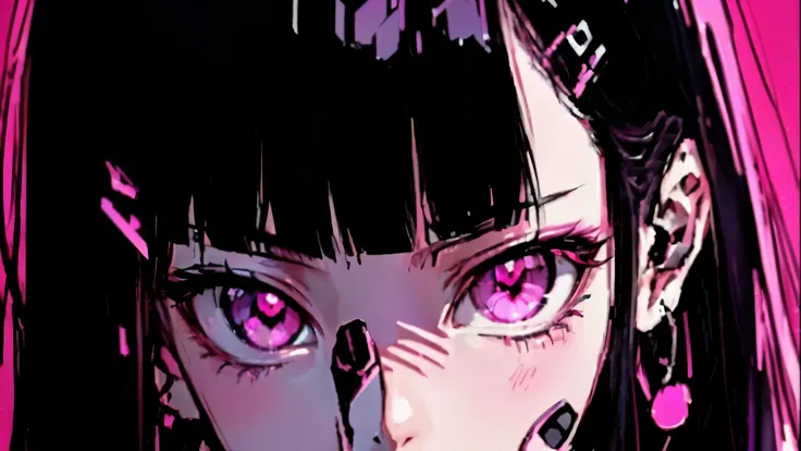 anime girl with Pink Eyes and black hair with Pink Eyes, Pink Eyes, glowing Pink Eyes, Her eyes have black anime pupils, Junji、4K, Anime atmosphere, Anime style ultra detailed, Anime Cyberpunk Art, Kuvshinov, Detailed digital anime art, Glowing purple eyes...