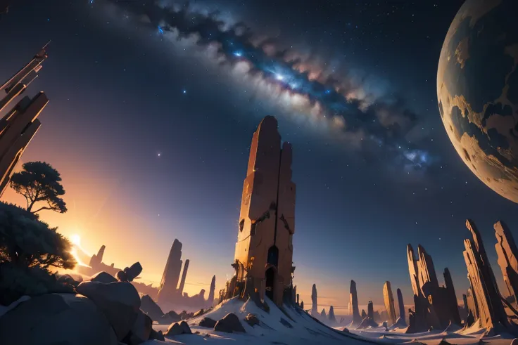 masterpieceBest Quality, (Highly Detailed CG Unity 8K Wallpapers) (Best Quality), (Best illustrations), (Best Shadow), Vibrant colors,Planetary alignment，galactic meteorite、A sky full of stars