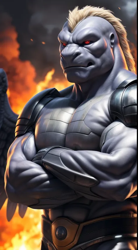 (best quality,16k,32k,highres,masterpiece:1.2),ultra-detailed,(realistic,photorealistic,photo-realistic:1.37),(final boss Orochi pokemon machoke) looking at the viewer serious expression a realistic background of a A destroyed city on fire bright red eyes ...