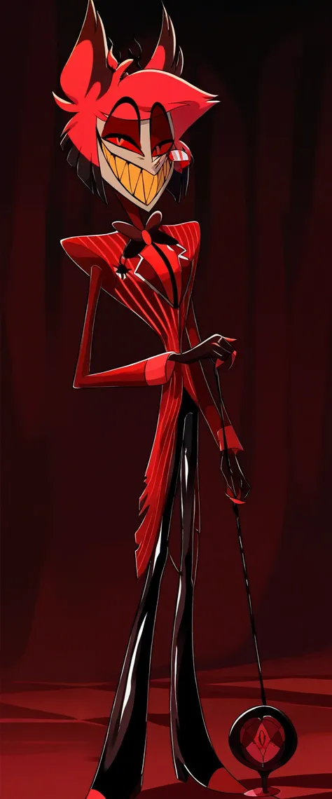 alastor (hazbin hotel), radio demon, extremely sharp toothed grin, (((((dark red formal (((shiny latex suit))) with pinstripes))...