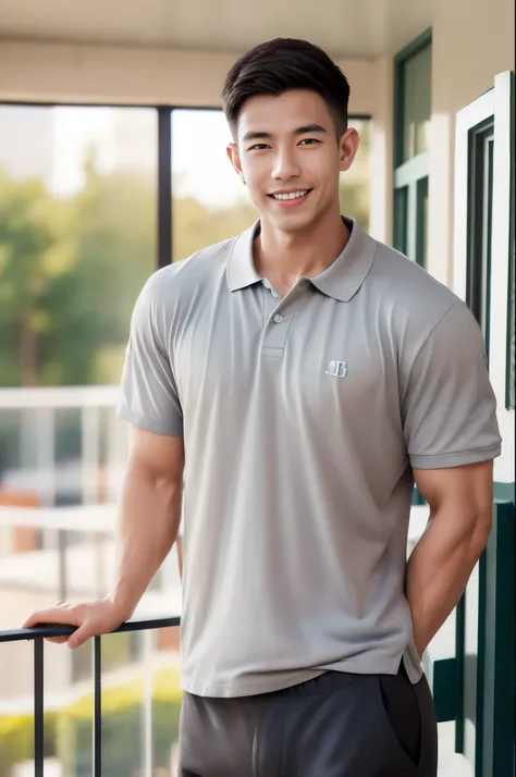 (armface:1.3) , Handsome young man standing and smiling, (Have a mustache:0.8) , (Short hair:1.2), (Polo shirt), (White shirt:1.3),Black pants, Big muscles, Handsome and muscular, Full body angle,(Blurred background:1.5),(Kitchen balcony:1.1),,(Blurred bac...