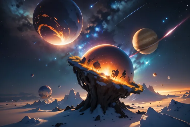 masterpieceBest Quality, (Highly Detailed CG Unity 8K Wallpapers) (Best Quality), (Best illustrations), (Best Shadow), Vibrant colors,Planetary alignment，Many planets，Milky Way，meteorite、A sky full of stars，nebula