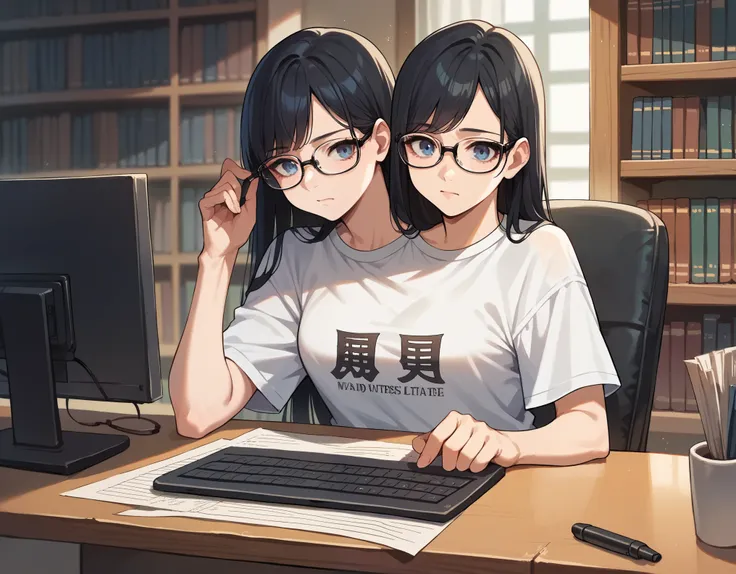 anime, (masterpiece, best quality), best resolution, two heads, 1girl, long black hair, blue eyes, glasses, white t-shirt, sitti...