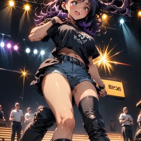 4k, HDR, full HD, Masterpiece, 1girl, solo, long purple hair, perfect anatomy, full body, plays the guitar with passion in an energetic concert. He wears a tight black t-shirt, ripped jeans, and leather boots that complement his rocker style. His fingers m...