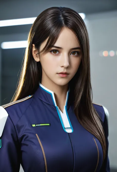 High resolution, long hair, serious guy, brown eyes and dark brown hair, Women, uniforme de ANDROID de CyberLife, ANDROID, realistic