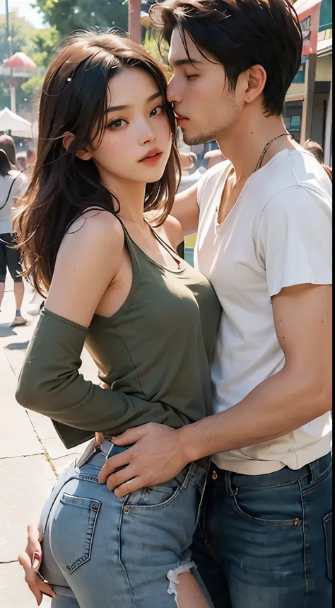 Amazing portrait of a man wearing maroon full sleeved t shirt and ripped jeans kissing a sexy woman wearing a olive green tank top paired with a white shirt and pants in an amusement park with soft lighting showcasing their amazing bodies tangled together ...