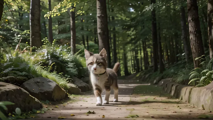 Create a 3D render of Mavi, the small fluffy kitten, bravely walking through a vibrant forest. Mavis yellow and gray fur should catch the dappled sunlight filtering through the leaves, with curious forest creatures observing her. The background should be l...