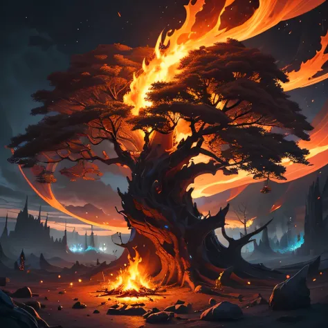 Fantasy tree of fire, majestic, powerful, robust with large fiery leaves, the glow of the flames emanating from it all.