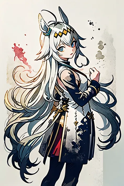 ((, Multiple Representations )),Silver Hair,Ahoge,long hair,tail,whole body,Yellow hair band,Jersey,pose,((Ink Painting)),Aura on the back,