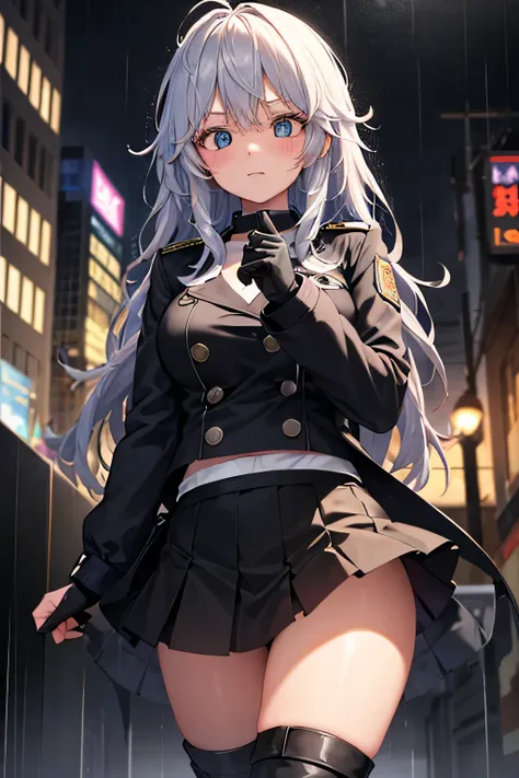 girl, (my hero academy), white hair, eyes with black bandages, black jacket, black fingerless gloves, short black skirt, black b...