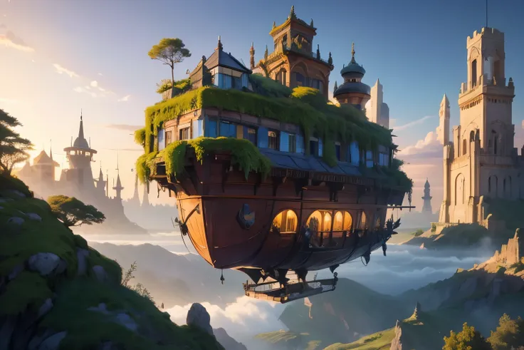 Many islands are floating in the air、A small airship is flying around。, City, Fantasy, Magical plants grow, extreme detail, Realistic light spectacular composition, (complex details), (Intricate Design, Super detailed :1.2), Art Station, (masterpiece of th...