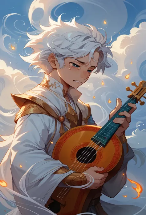 fantasy sketch, magic, fiery boy with white hair, magic огня, Air, небесная magic, strings of the soul, East, sky, raindrops, tears of heaven, tenderness, A dream, the white cloud melted into morning fog, the strings of the lute of the eastern limit were t...