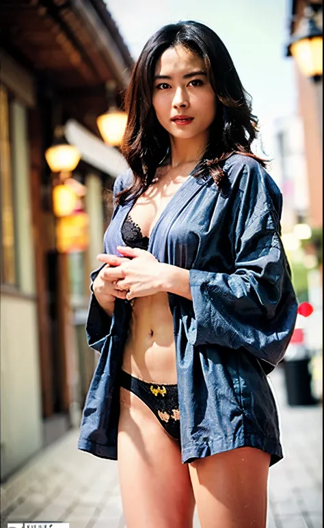 whole body,One girl,Standing Inn,Warm smile(Perfect figure, tall and slim),Alone,(Outdoor:1),null,Focus on the face,A beautiful face staring at the viewer,Delicate and young face,Tattoo Skin, Sexy Tattoos,(Long and curly hair, Batman print kimono, Victoria...