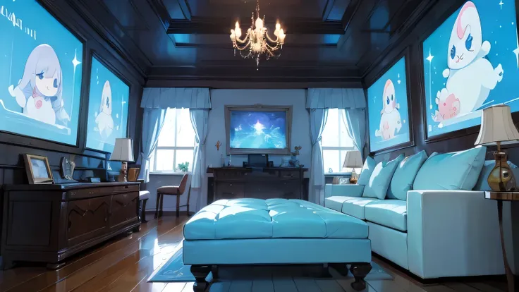 masterpiece, best quality, high quality, ghiblli style, cartoonist style, a cute living room with ,magical ambient, front view