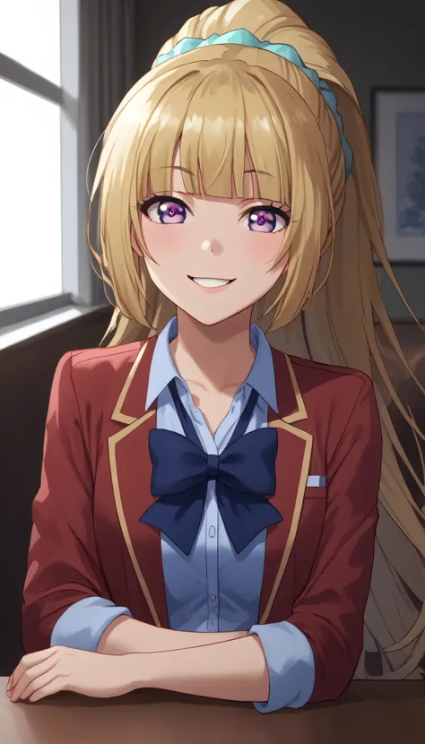 score_9,score_8_up,score_7_up, 1girl,KeiKaruizawa, Kei Karuizawa, bangs, blunt bangs, ponytail hair, violet eyes, blonde hair, blue scrunchie, eyelashes, heart, big heart-shaped pupils, heart background, looking at viewer, one side up, class background, po...