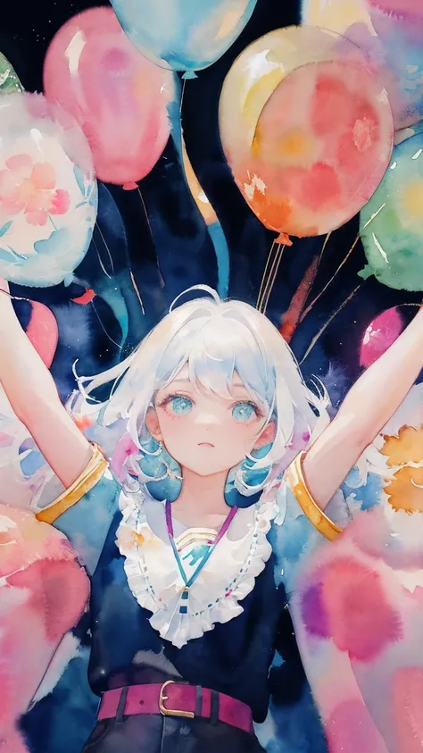 white background,(watercolor rendering:1.3),colorful patterns, flat colors, (high contrast within the same hue:1.3)
A girl floating in the air, supported by a cluster of colorful balloons.