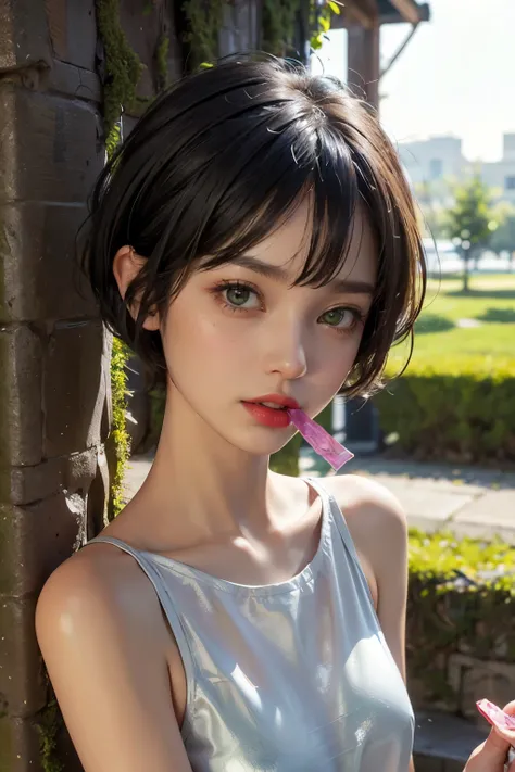 masterpiece, best quality, ultra-detailed,hyperrealistic,shiny skin,1girl,((pixie cut)),((black hair)),short hair,moss green eye...