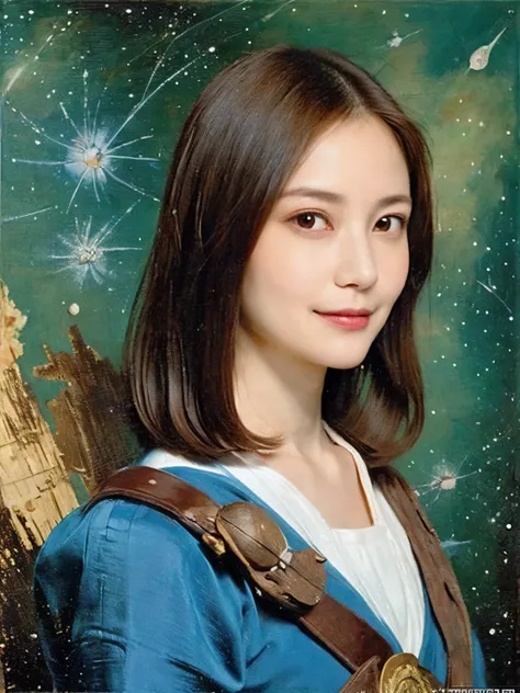 293 (20-year-old woman,Short Hair), (A kind smile), ((宇宙海賊captain,captain)), (colorful), (Leonardo da Vinci paintings), flower, Futuristic space pirate ship, nebula