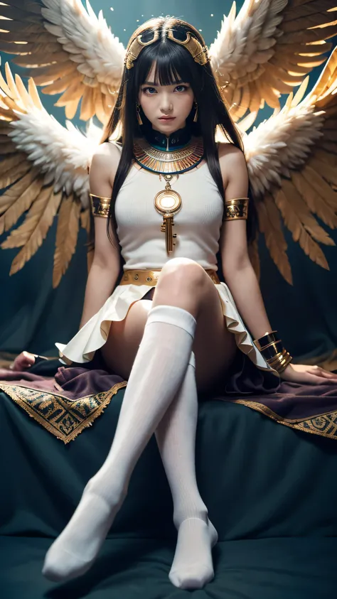 ①）Create an ultra-realistic 8K resolution image of a character inspired by the Egyptian god Horus, transformed into a slender ultimate magical girl. She retains key features of Horus, such as sharp, falcon-like eyes that radiate divine power and wisdom, al...