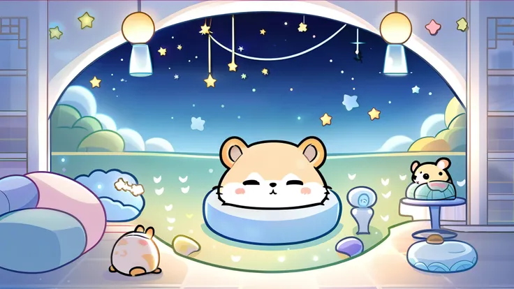 a hamster is seen sleeping dreamily with his eyes closed.。
in the background there are stars shining in the night sky。you can fe...