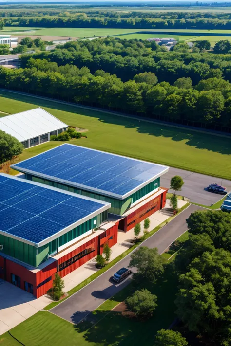 ((Best Quality)), "A modern logistics warehouse designed with green energy solutions, surrounded by lush greenery and open spaces. The building should have solar panels on the roof, and the surrounding area should include community-friendly features such a...