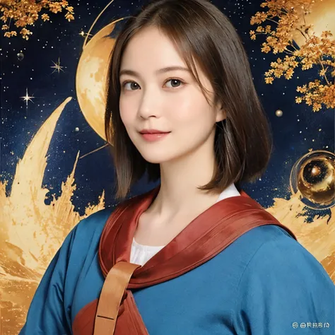 293 (20-year-old woman,short hair), (A kind smile), ((宇宙海賊captain,captain)), (colorful), (Leonardo da Vinci paintings), flower, Futuristic space pirate ship, nebula