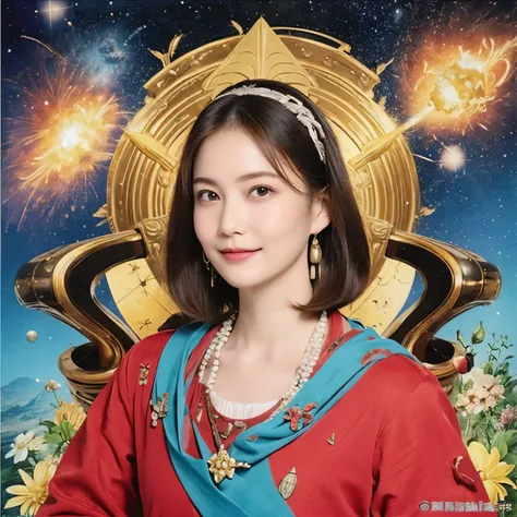 293 (20-year-old woman,short hair), (A kind smile), ((宇宙海賊captain,captain)), (colorful), (Leonardo da Vinci paintings), flower, Futuristic space pirate ship, nebula