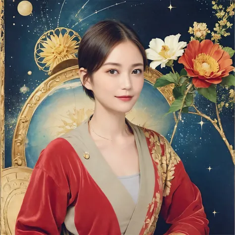 293 (20-year-old woman,short hair), (A kind smile), ((宇宙海賊captain,captain)), (colorful), (Leonardo da Vinci paintings), flower, Futuristic space pirate ship, nebula