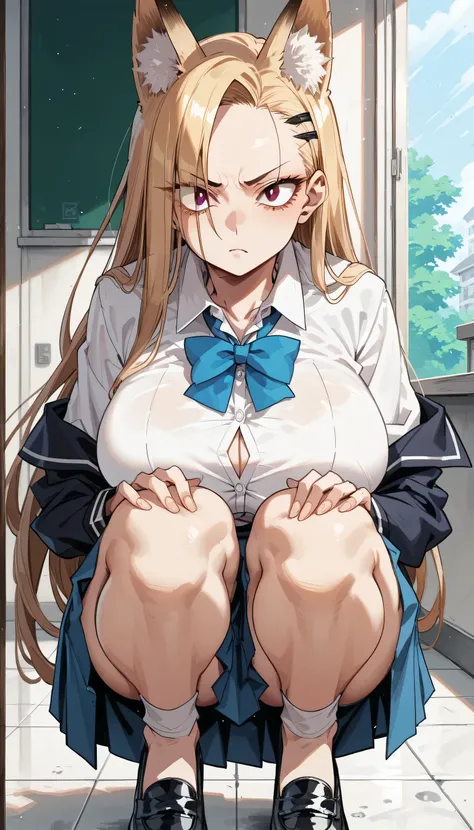 Cold Stare,(hi-quality,high resolution),((Fox Ears)),(((forehead,asymmetrical hair))),(((very turime,very long slit eyes))),(school uniform),((oblong face,squared face)),((huge breasts)),(((very narrow eyes))),((Clear Eyes,Perfect Eyes,brown eyes)),((clear...