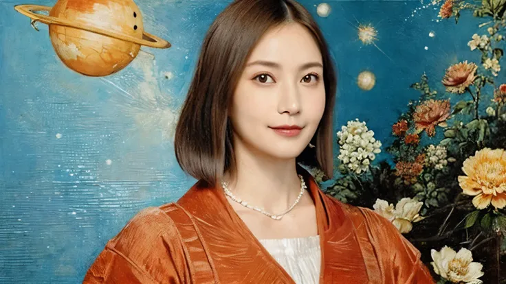 293 (20-year-old woman,short hair), (A kind smile), ((宇宙海賊captain,captain)), (colorful), (Leonardo da Vinci paintings), flower, Futuristic space pirate ship, nebula