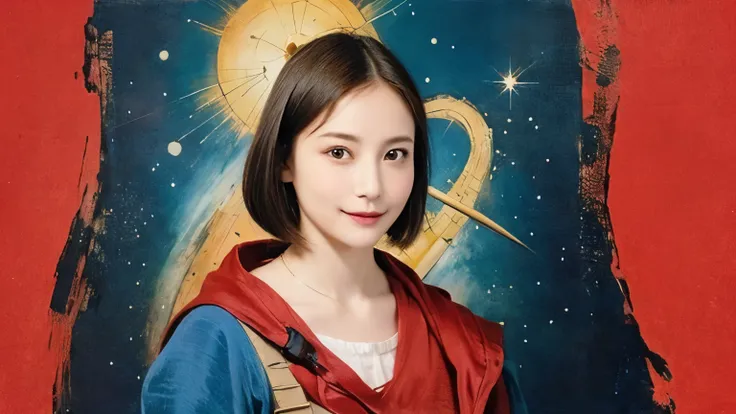 293 (20-year-old woman,short hair), (A kind smile), ((宇宙海賊captain,captain)), (colorful), (Leonardo da Vinci paintings), flower, Futuristic space pirate ship, nebula