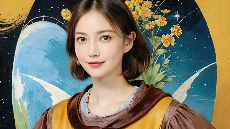 293 (20-year-old woman,short hair), (A kind smile), ((宇宙海賊captain,captain)), (colorful), (Leonardo da Vinci paintings), flower, Futuristic space pirate ship, nebula