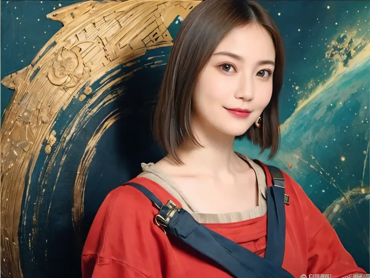 293 (20-year-old woman,short hair), (A kind smile), ((宇宙海賊captain,captain)), (colorful), (Leonardo da Vinci paintings), flower, Futuristic space pirate ship, nebula