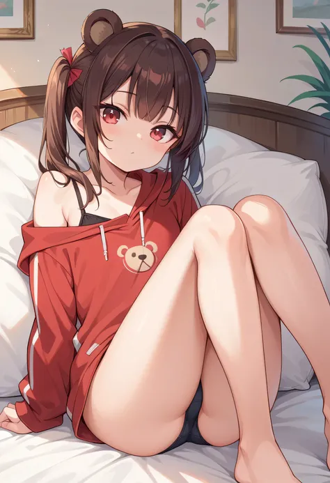 (masterpiece), best quality, perfect face, 1 cute girl , short dark brown hair, straight hair, straight bangs, twintails, bear ears, crimson eyes, flat chest, red sweatshirt, sexy legs, on her room