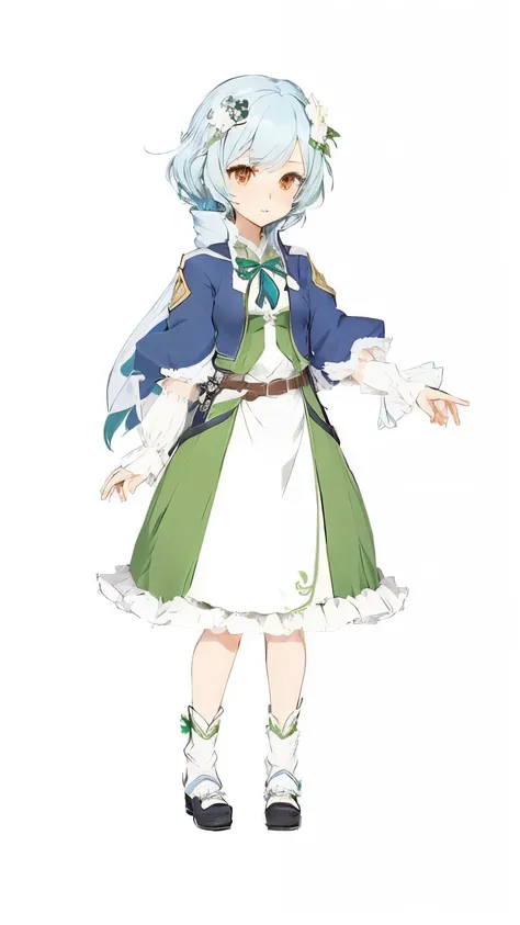 arcia from isekai wa smartphone to tomo ni, in another world whit my smartphone, anime character with a green dress and blue jacket, art style of rune factory 5, pretty anime character design, best anime character design, character adoptable, anime charact...