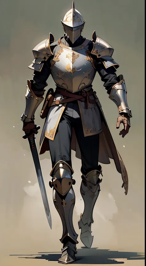 20 year old mature man, No beard, 1 boy as a swordsman, sword, Short brown hair, Short brown hair, Game character design，Holy Knight，A painting of heavy armor covering the entire body，helmet，Carries a sturdy and decorative walking stick，Heavy boots，Solid c...