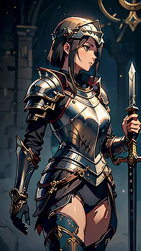 20 year old mature woman, 1 girl as a swordsman, sword, Short dark brown hair, Game character design，Holy Knight，Beautiful armor covering the entire body，helmet，Has a sturdy and decorative shield，Boots，Solid color background，Clean background，Emphasizing th...