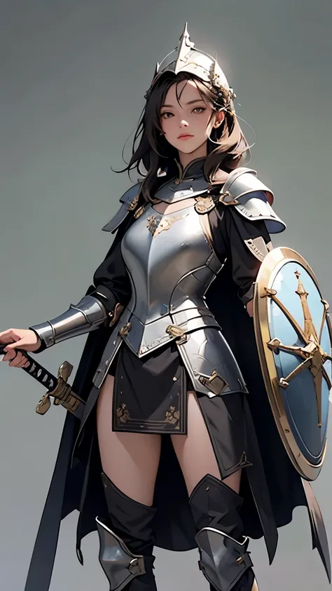 20 year old mature woman, 1 girl as a swordsman, sword, Short dark brown hair, Holy Knight，Beautiful armor covering the entire body，helmet，Has a sturdy and decorative shield，Boots，Solid color background，Clean background，Emphasizing the depth of the fields，...