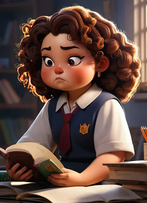 There was a chubby girl with curly hair, wearing a high school uniform, sitting at a desk reading a book and using a computer, preparing to enter the university of his dreams in his bedroom.