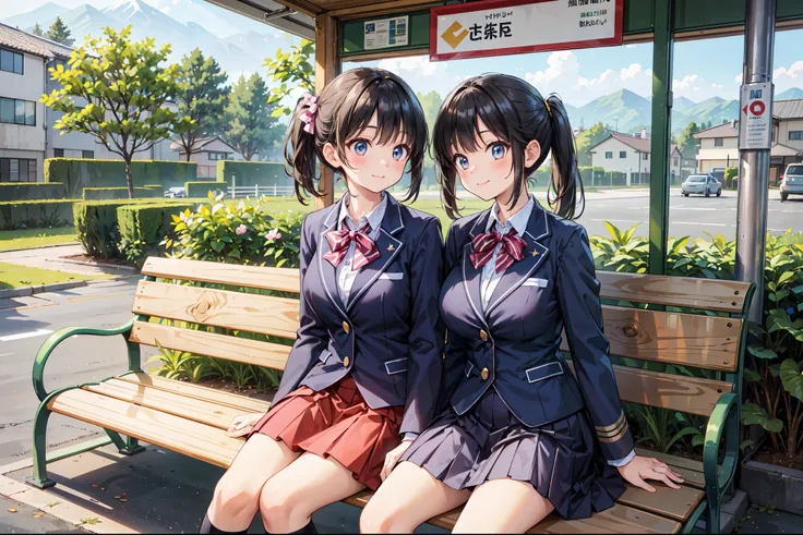 (((Masterpiece, 16k, Highest quality, Ultra-high resolution, Depth of subject))), ((Very detailed, Japanese countryside scenery)), (((High school girl in blazer uniform, 2 people, skirt, Big Breasts))), Beautiful girl in great detail, Very accurate body st...